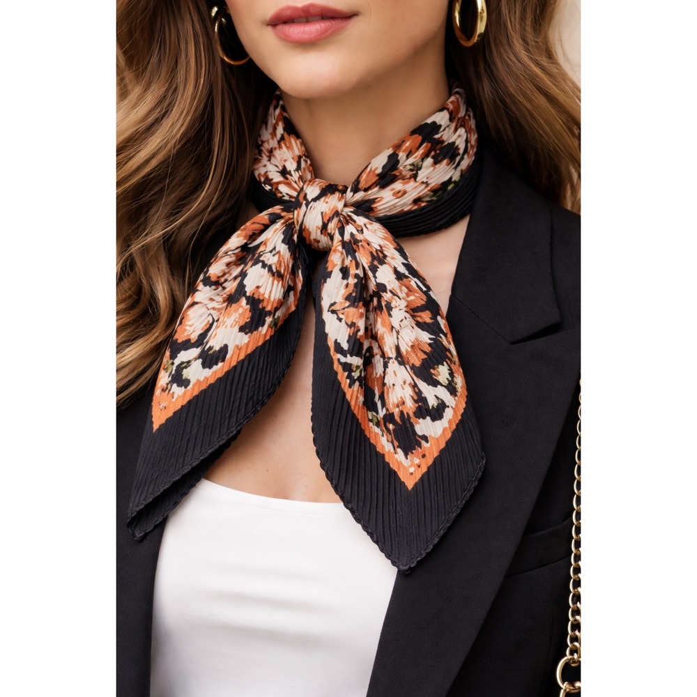 Pleated Parisian Floral Square Scarf Black Orange Graphic Chic Boho Wrap Texture